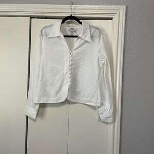 Talbots Women's White Textured Stripe Button Front Collared Shirt Blouse Size 14